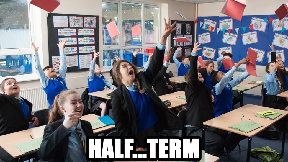 A class throwing their books with: 'Half term'.