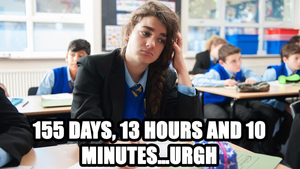 A girl looking bored with: '155 days, 13 hours and 10 minutes\u2026urgh'.