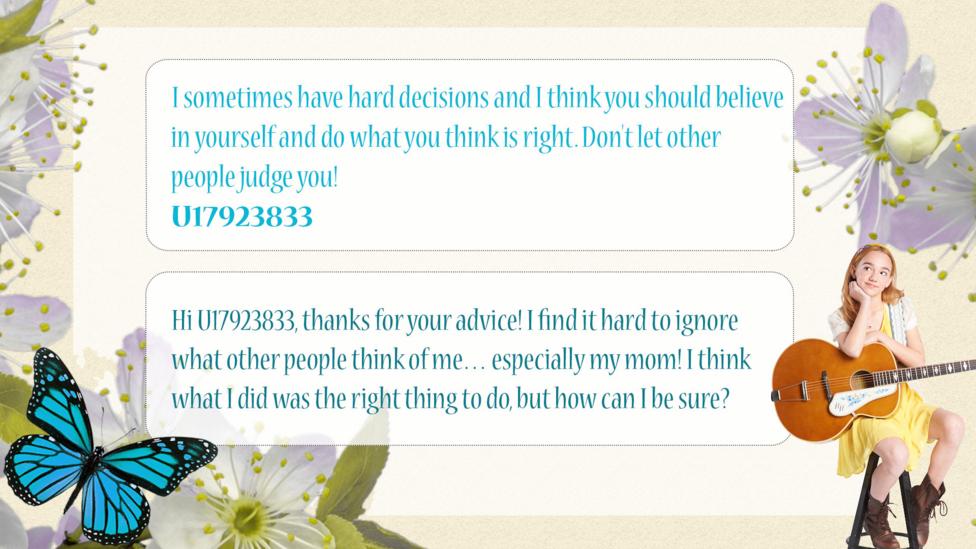 Holly Hobbie Help Holly: U17923833: I sometimes have hard decisions and I think you should believe in yourself and do what you think is right. Don't let other people judge you!  Holly Hobbie: Hi U17923833, thanks for your advice! I find it hard to ignore what other people think of me\u2026 especially my mom! I think what I did was the right thing to do, but how can I be sure?