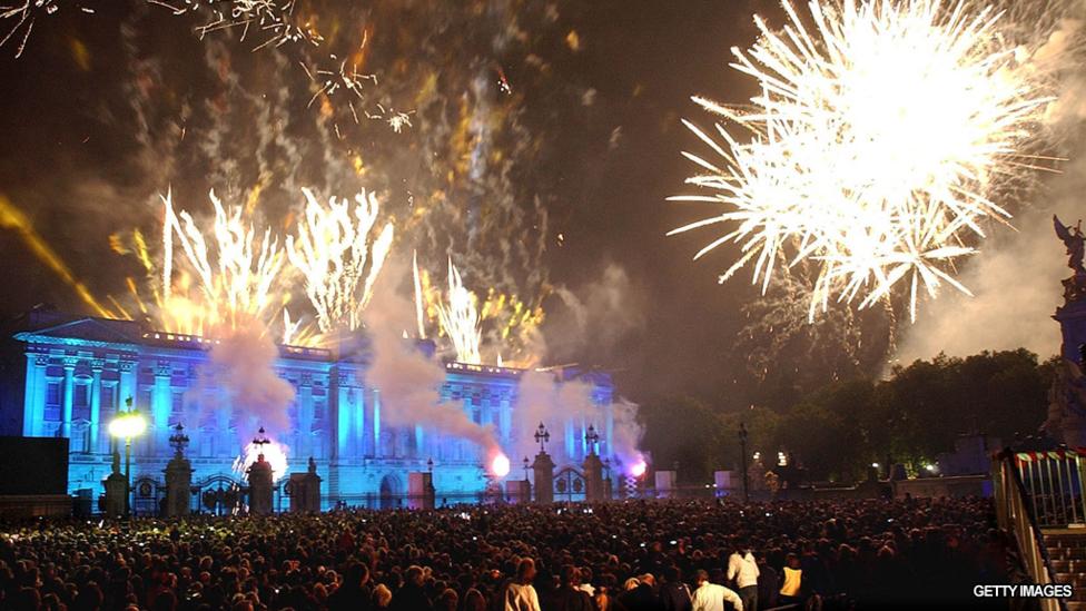 Buckingham Palace and fireworks.