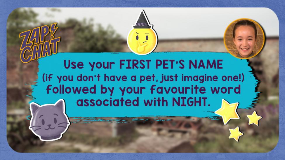 Colourful text reads 'Use your FIRST PET'S NAME (if you don't have a pet, just imagine one!) followed by your favourite word associated with NIGHT.'