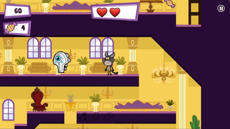 Taffy is trying to avoid a robot in this platforming game