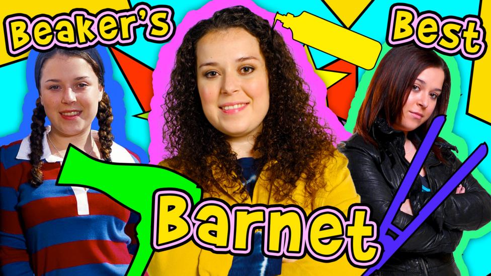 Three images of the same young woman, Tracy Beaker, from different ages. On the left, she has her hair in platts, in the middle curly, long and down to her shoulders and on the right straight and long. Text overlapping says "Beakers Best Barnet"