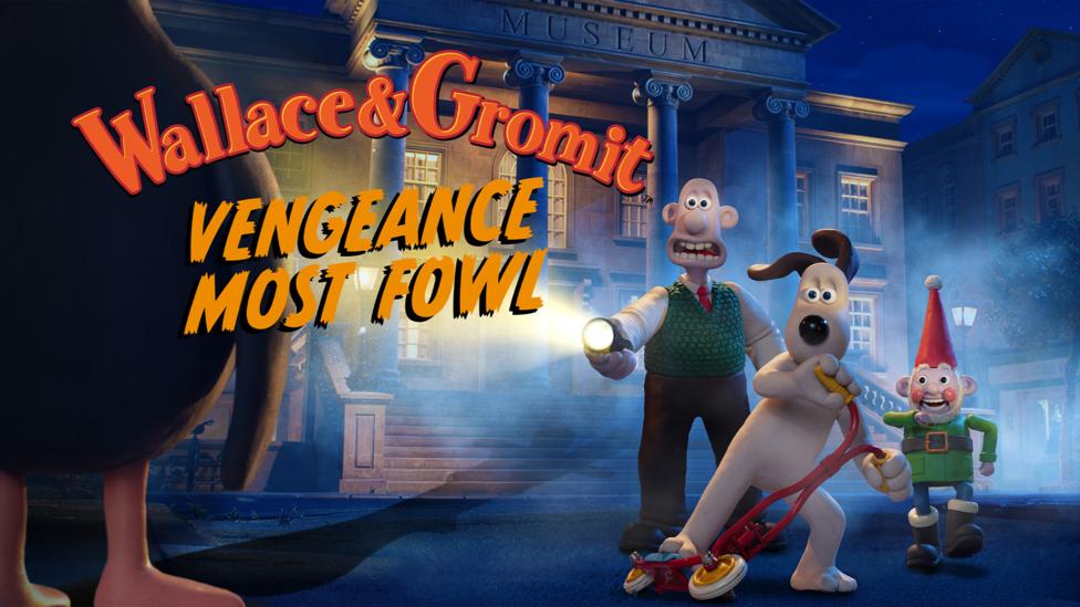 Wallace and Gromit title image, Wallace is a human man, Gromit is a small dog, they shine a torch and look surprised.