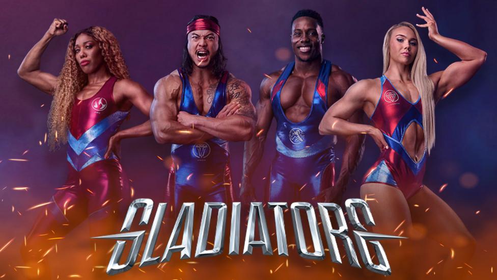 Fire, Viper, Nitro and Diamond from Gladiators pose in smoke and sparks.