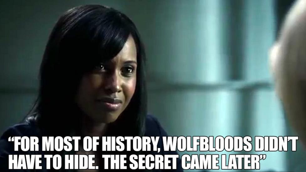 A lady is questioned with text that says "For most of history, Wolfbloods didn't have to hide. The secret came later".