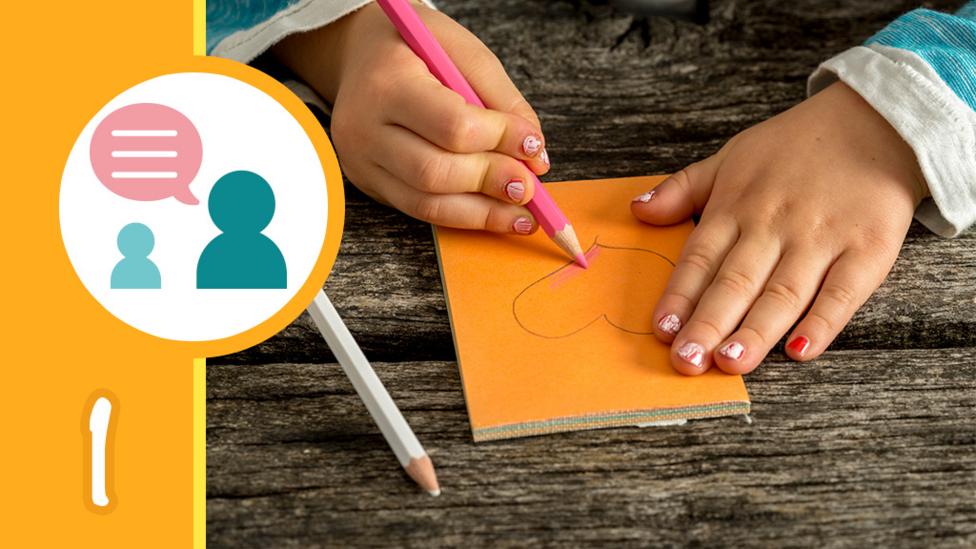 Child's hands drawing a heart on a piece of paper and a graphic showing an adult talking to a child