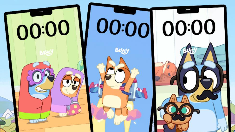 three phone wallpaper backgrounds; one shows bluey and bingo dressed as grannies, one shows bingo jetting into space, and the last shows Bluey in glasses and moustache disguise.