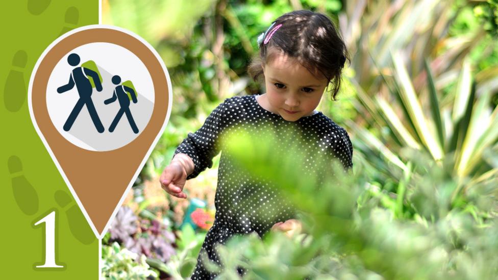 A little girl walking through a garden