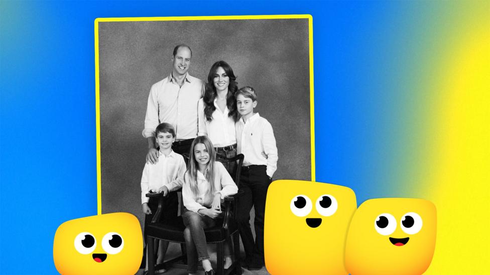 A black-and-white photo of a man, a woman, and three children all wearing smart clothing. The photo has a yellow border and is surrounded by three smiling yellow characters, on a blue-and-yellow background.