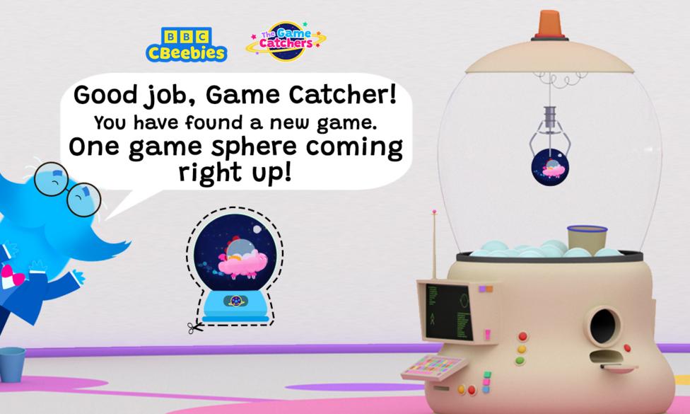 Mr Moustache is peeking from the side of the image with speech text that reads 'good job game catcher! You have found a new game. One game-sphere coming right up!'.There is a sphere below with a cut out line around it. The game machine is in the background picking up the same sphere.