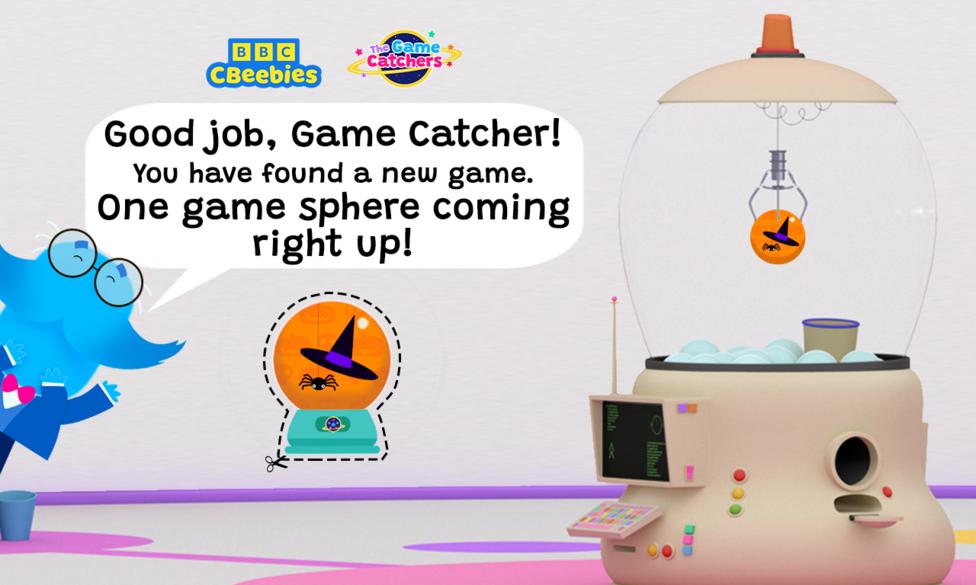 Mr Moustache is peeking from the side of the image with speech text that reads 'good job game catcher! You have found a new game. One game-sphere coming right up!'.There is a sphere below with a cut out line around it. The game machine is in the background picking up the same sphere.