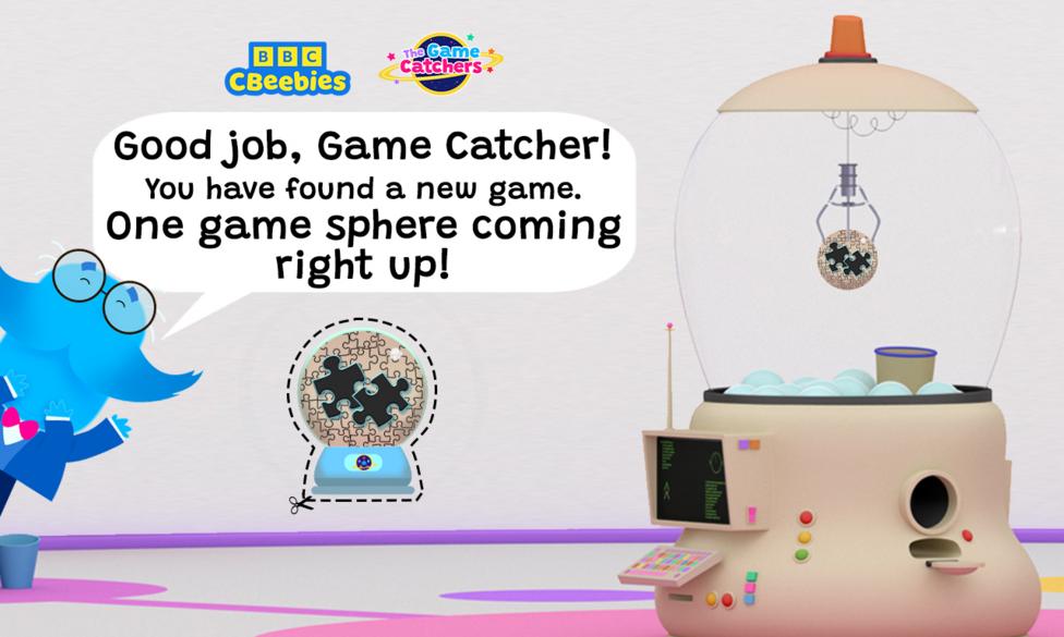 Mr Moustache is peeking from the side of the image with speech text that reads 'good job game catcher! You have found a new game. One game-sphere coming right up!'.There is a sphere below with a cut out line around it. The game machine is in the background picking up the same sphere.