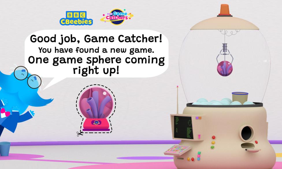 Mr Moustache is peeking from the side of the image with speech text that reads 'good job game catcher! You have found a new game. One game-sphere coming right up!'.There is a sphere below with a cut out line around it. The game machine is in the background picking up the same sphere.