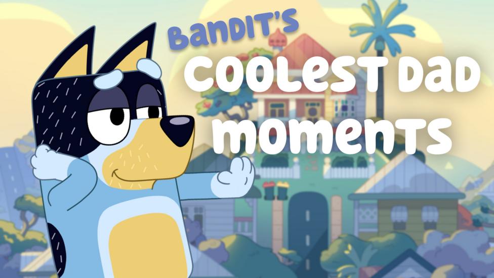 Bandit, an older blue cartoon dog, strikes a pose with one arm behind his head and one out stretched, dancing.