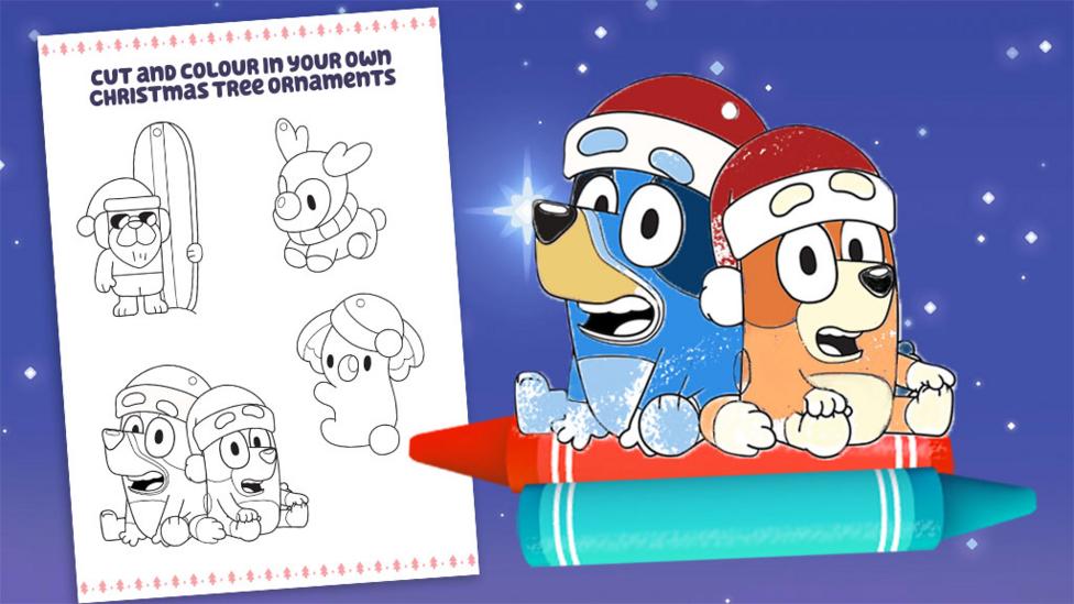 Bluey and Bingo's Christmas ornaments to colour in.