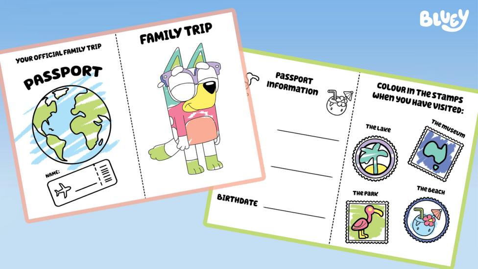 Bluey themed colouring in sheets with a picture of Bluey and a Family Trip themed passport and stamps, they have been partially coloured in.