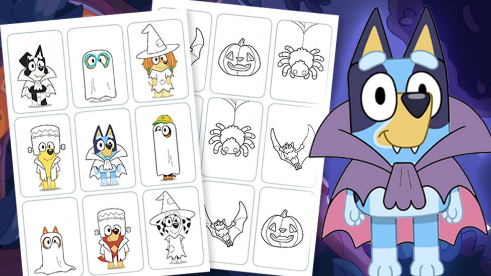 Illustration of Bluey - a blue dog, wearing a cape, next to two pages of halloween themed illustrations.