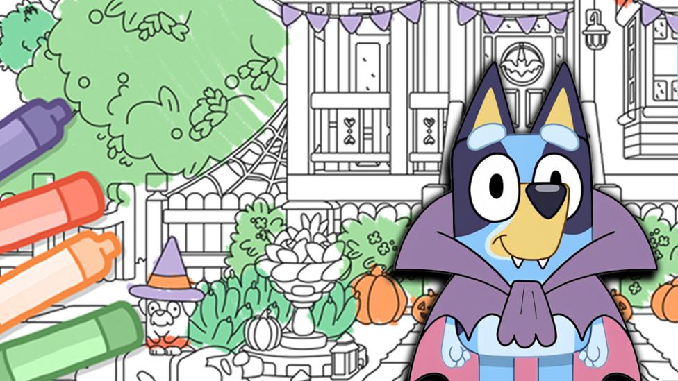 Halloween colouring sheet with Bluey dressed as a vampire.