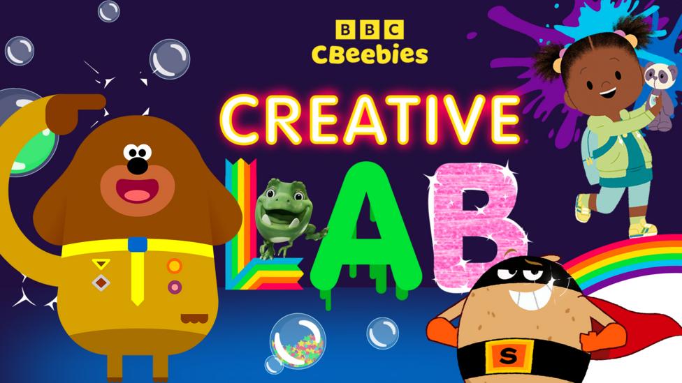 CBeebies Creative Lab. Duggee, Wasabi from Vegesaurs, Supertato and JoJo are seen around the bubbles, paint splats and rainbow imagery.