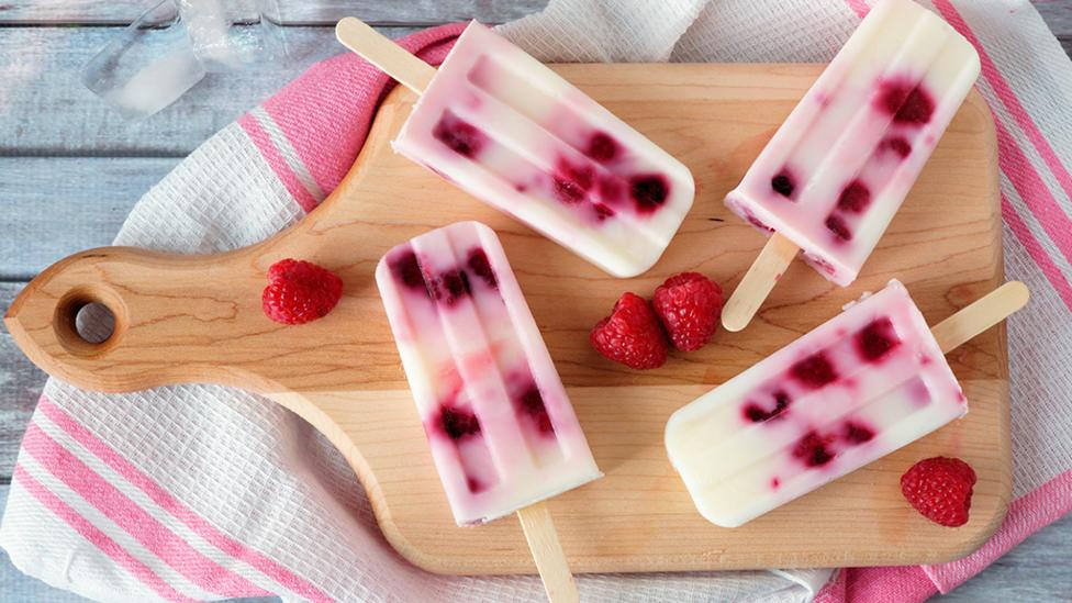 raspberry and greek yoghurt ice lollies.