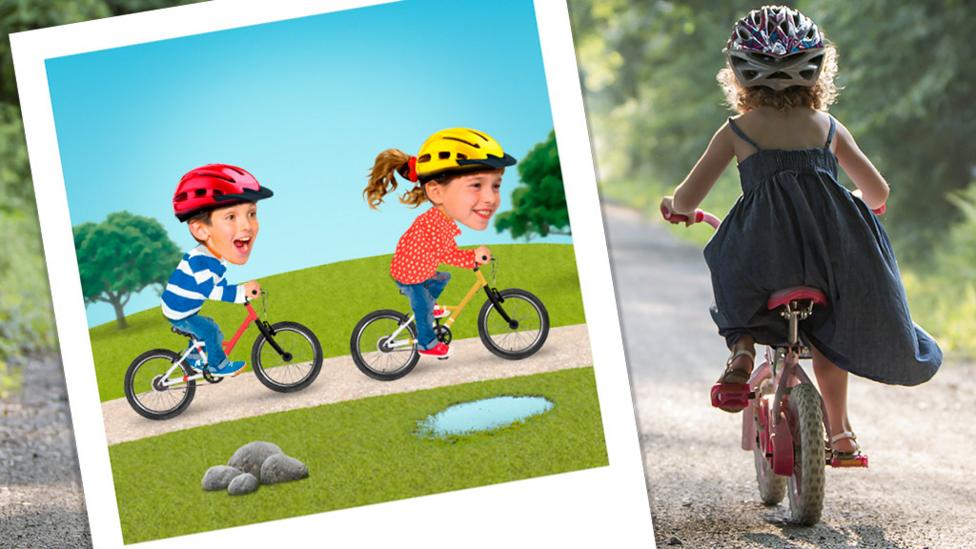 A young girl riding her bike on a gravel path. Next to her, there is a polaroid image of Topsy and Tim on their bikes.