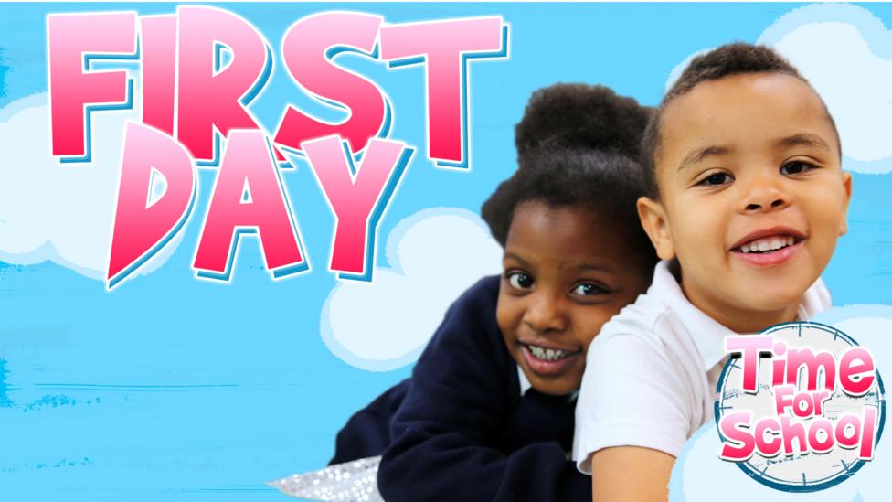 Two school children smiling, they are on a cartoon background with a Time For School logo and words that say "First day".