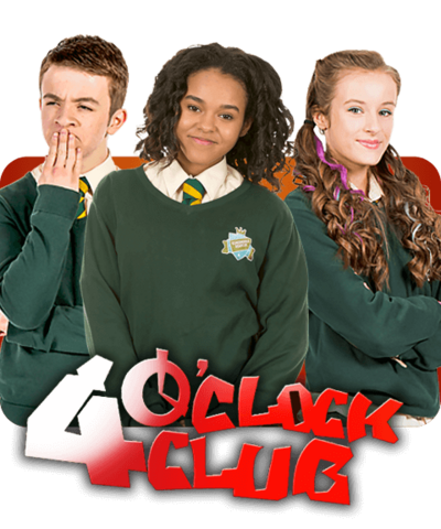 Two girls and one boy in school uniform with the 4 O'Clock Club logo.