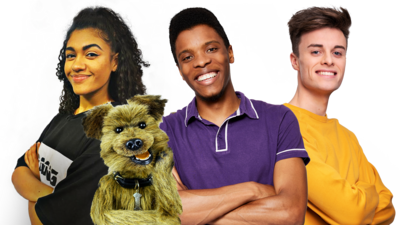 Alishea, Joe, Rhys and Hacker with arms folded for CBBC HQ Brand Page.