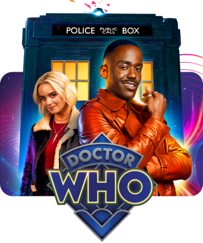 The Doctor and Ruby Sunday posed infront of the TARDIS blue police box, the Doctor is a black man and holding his sonic screwdriver and smiling warmly. Ruby is a white woman, young with blonde hair, she is also smiling. They are both wearing fashionable jackets.