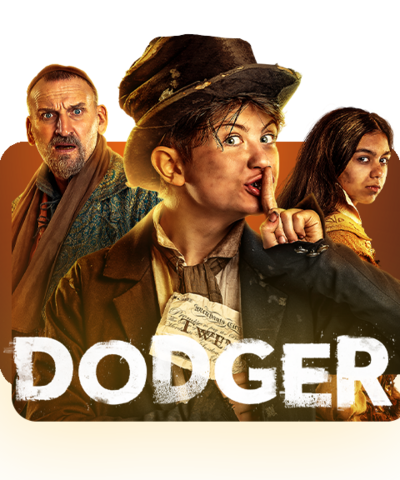 Characters from the series Dodger are lined up, featuring Dodger, Fagin and Charley.