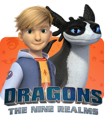 Fin and Thunder standing in front of the Dragons The Nine Realms logo