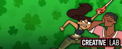 Two character from total drama island are standing in front of a clover backround