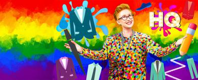 Laura on a rainbow background surrounded by suits and a paintbrush and pencil.