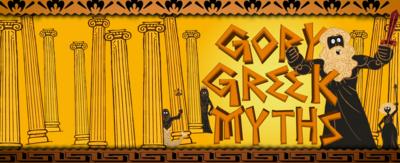 Illustrations of greek gods, including Zeus, a bearded man in a cloak holding a sword in the air. They are positioned around the words, gory greek myths.