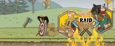 Characters from Horrible Histories Raid and Trade game, image of the god Freya and her two lynxes overlooking an axe throwing tournament.