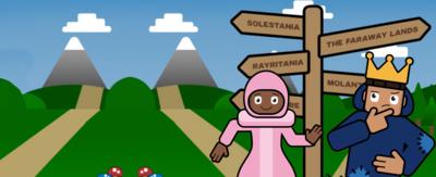 A field with hills on a blue sky and a pathway. On the path is a signpost with several different arrows pointing different ways. Below is a young character in a crown looking puzzled at the post, next to him is a Princess in a pink gown and behind them is a young boy smiling to camera in armour.