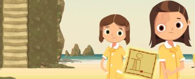 Image of cartoon characters from Malory Towers on a beach.