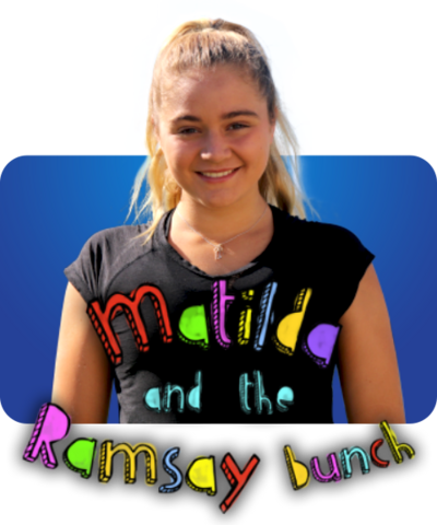 A girl with blonde hair smiles behind text that reads 'Matilda and the Ramsay Bunch'