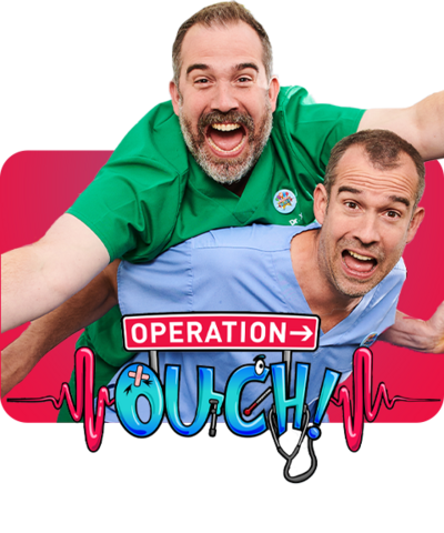 Image of two men, one is jumping on the other's back, Doctors Chris and Xand from Operation Ouch.