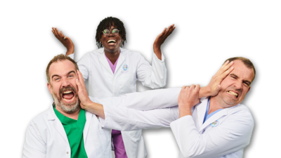 Image of three people, doctor chris and doctor Xand are jokingly pushing each other away whilst Doctor Ronx, behind them, puts their hands up in a silly manner.