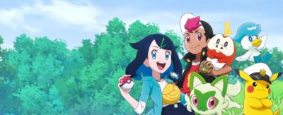 Two pokemon trainers and four pokemon are against a grassy and sky background.