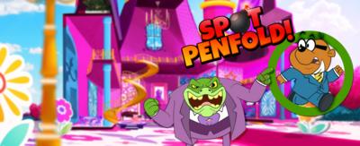 A cartoon toad with an evil expression, Baron Greenback from Danger Mouse, is pointing to a cartoon hamster wearing glasses and a suit running away worryingly from the toad in a green circle. The background is a large pink house. In the foreground is the text "Spot Penfold!"