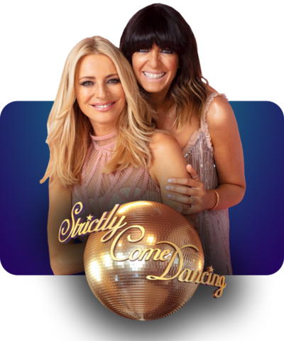 Tess and Claudia from Strictly Come Dancing with the show's logo.