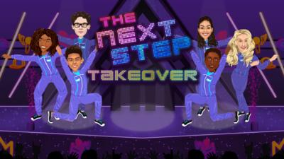 Game characters from The Next Step Takeover game pose in a celebratory stance on a stage in this new game.