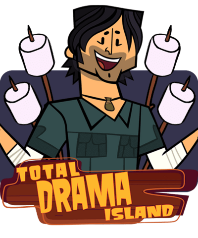 The host of Total Drama Island (Chris McLean) is standing in front of marshmallows and is smiling.