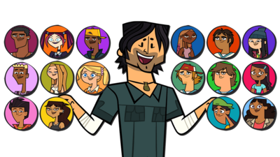 Total Drama Island host (Chris McLean) is smiling whilst being surrounded by lots of icons of each of the TDI contestants