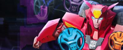 A pink robot (Elita!) is standing in front of a glitching screen surrounded by medallions of the Autobot and Deceptacon logos