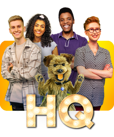 CBBC HQ with Lee, Alishea, Rhys , Laura and Hacker with HQ logo and brand.