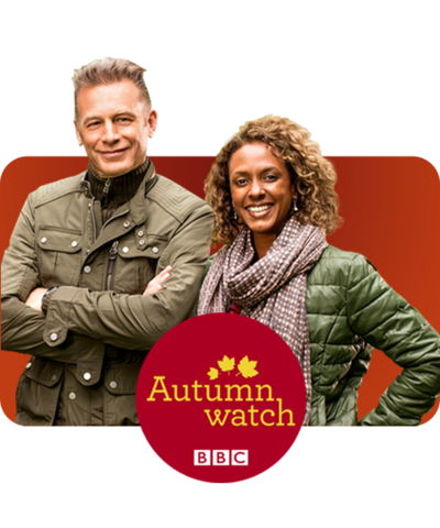 Two autumn watch presenters and the logo on a red background
